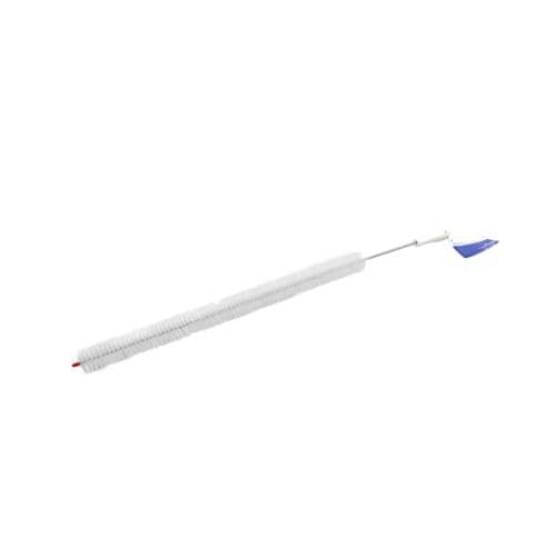 A long, white bristled brush with a thin metal rod handle and a blue plastic scoop/hook at the end, against a white background.