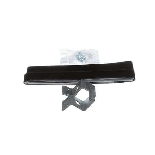 Two folded black rubber or fabric securing strips from the stacking kit lying above the metal brackets on a white background.