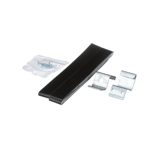 Close-up of the metal stacking brackets and a small plastic bag containing screws against a white background.