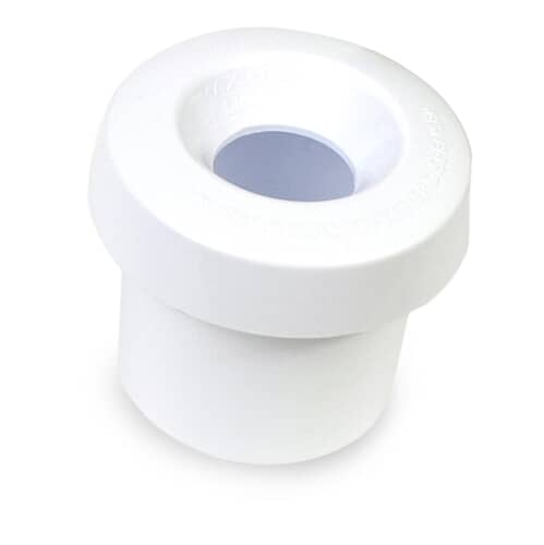 Angled view of the white fabric softener dispenser showing the underside mounting points and a small rubber cap.