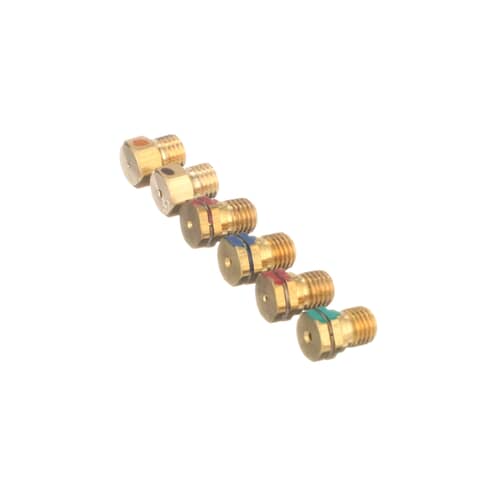 Set of brass orifices for the Whirlpool 9757426 gas range LP conversion kit.