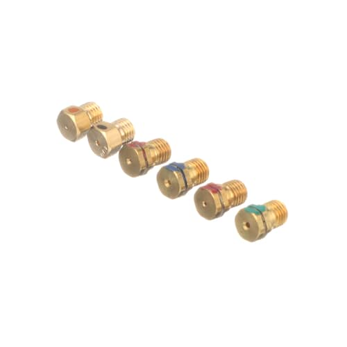 Close-up of the color-coded brass orifices from the 9757426 LP gas conversion kit.