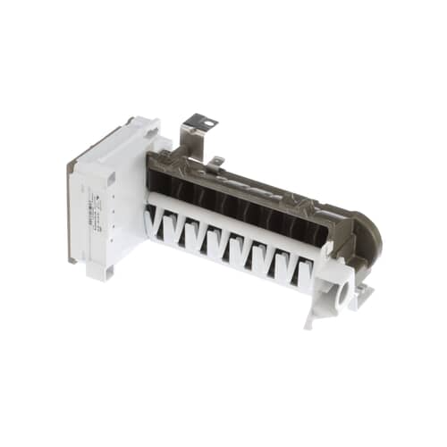 A white and gray LG ice maker assembly shown at an angle against a white background, highlighting the mold area and the side motor housing.