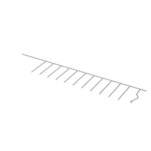 An angled perspective of a white wire dishwasher tine row, showing its full length.