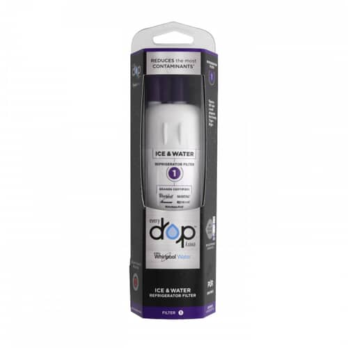 The EveryDrop refrigerator water filter packaged in its retail box with a hanging tab, set against a white background.
