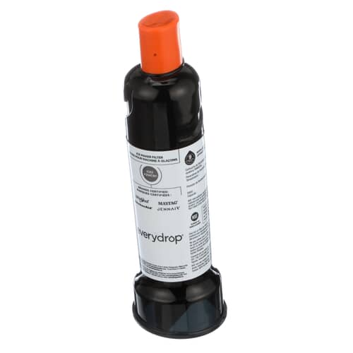 The black water filter assembly tilted against a dark blue background, emphasizing the shape and orange protective cap.