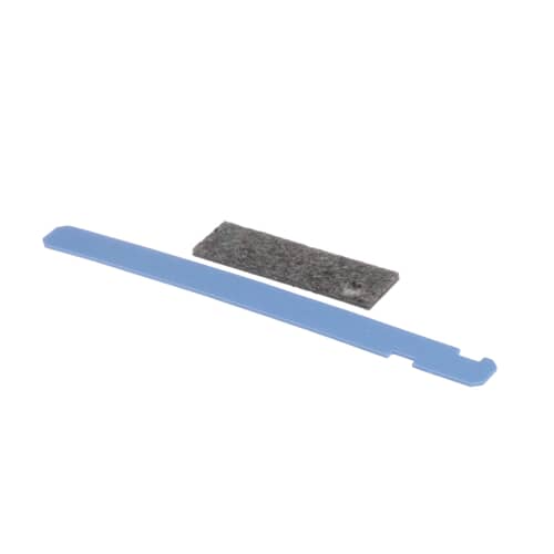 A white/light blue plastic glide strip and a rectangular gray felt pad from the dryer drum glide kit, shown against a white grid.