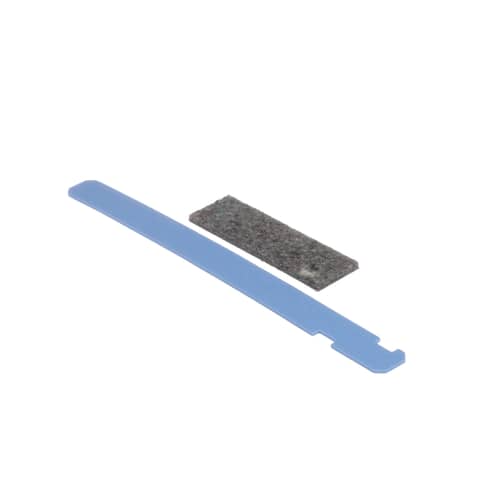The long, light blue plastic glide strip component shown at an angle.
