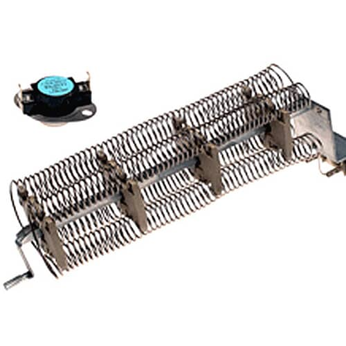 The heater element assembly shown with a separate small, round thermostat component resting nearby on a white grid.