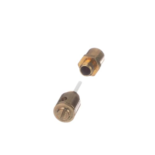 Close-up view of the two main brass fittings from the conversion kit, one appearing to be a main body and the other a smaller orifice.