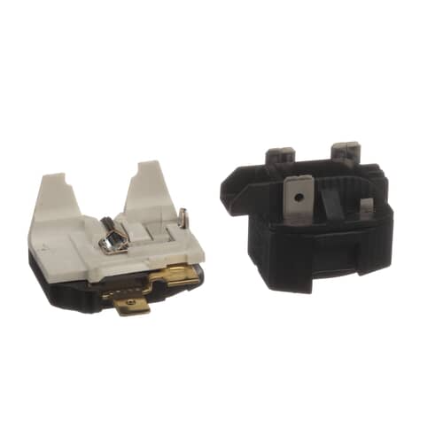 Close-up view of the terminals on the Whirlpool 4387913 Overload and Relay.