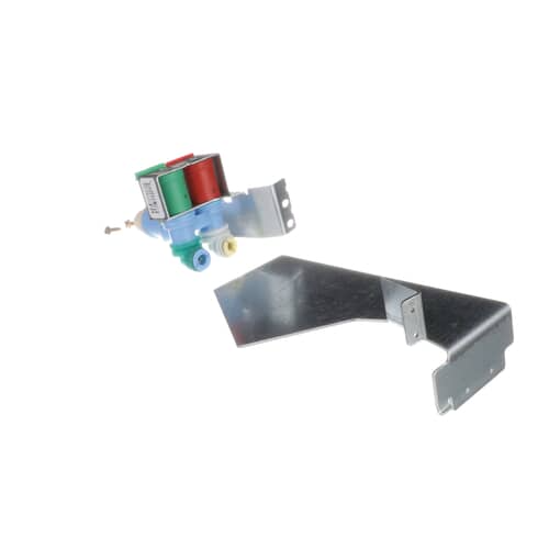 Angled view of the W10247725 dual water valve, bracket, and small screws.