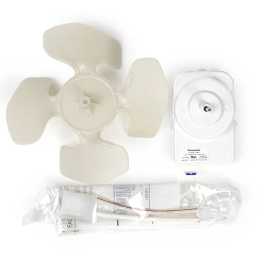The fan motor assembly and the detached white fan blade displayed against a white grid background.