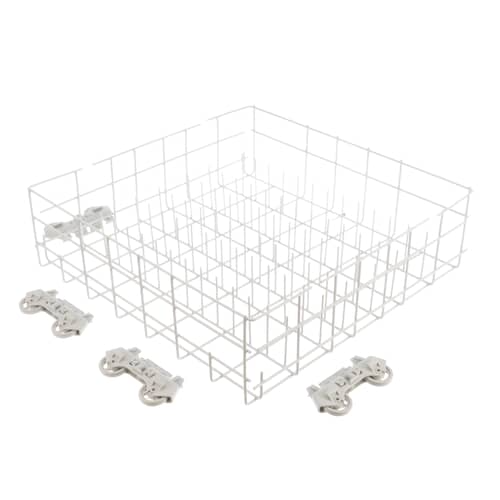 An angled perspective of the Whirlpool W10161215 dishrack and its four included wheels, showing all the components of the assembly.