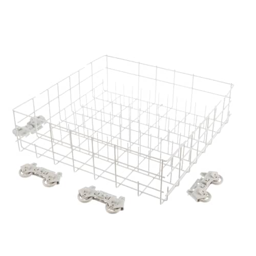 The Whirlpool W10161215 dishrack kit, showing the white wire rack and the four separate gray wheel assemblies before installation.
