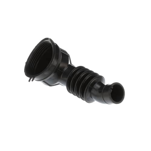 A front view of the black rubber Whirlpool washer tub-to-pump hose, showing the large circular seal that connects to the tub.