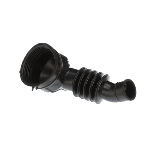 A side profile of the Whirlpool washer tub-to-pump hose, highlighting the flexible bellows and the smaller drain pump connection.