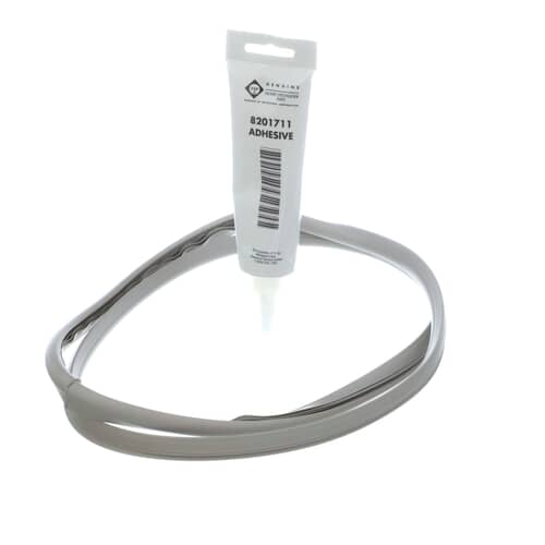 The gray rubber seal forming a partial circle with the white tube of adhesive standing upright in the center.