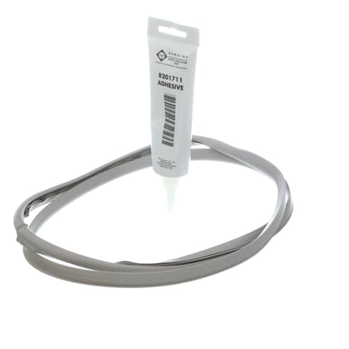 A flatter view of the gray door seal and white adhesive tube against a white background, showing the seal's shape.
