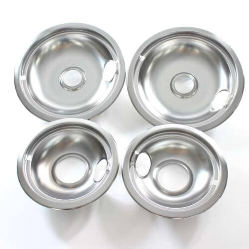 OEM Whirlpool W10278125 chrome drip pan set of four (two 6-inch and two 8-inch bowls).