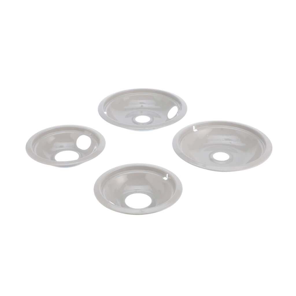 Angled view of the grey Whirlpool W10291024 drip pans for electric range cooktops.