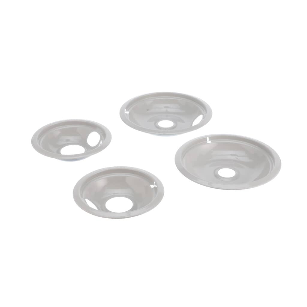 Overhead view of the W10291024 OEM replacement grey burner drip bowls (6" and 8").