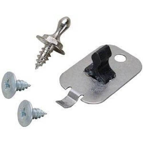 Components of the Whirlpool dryer door strike kit spread out on a white background, showing the metal plate, plastic strike component, and screws.