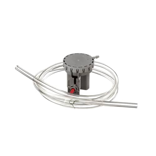 Side view of the gray and white pressure switch mechanism showing mounting points and the control stem.