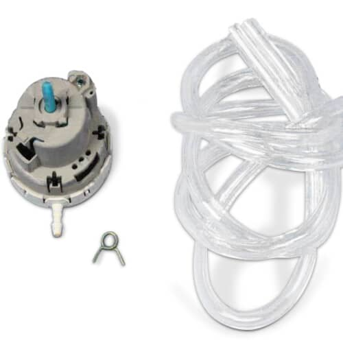 Image of the water level pressure switch with the clear air pressure hose coiled around it.