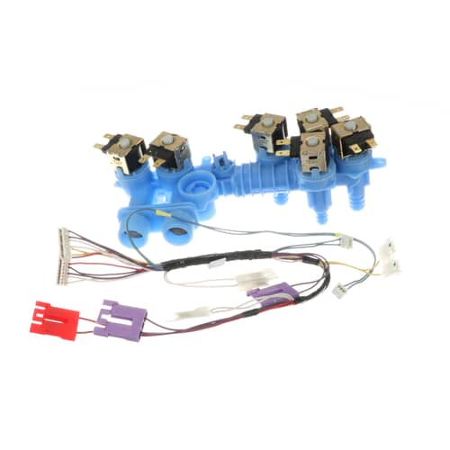 Top view of W10364988 water inlet valve showing multiple blue ports and solenoids