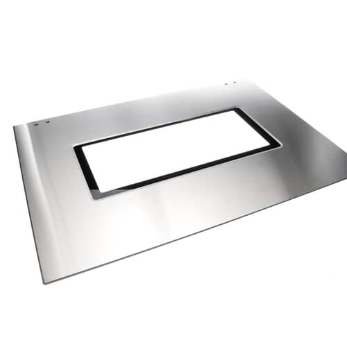 Alternate angled view of the stainless steel oven door panel, highlighting the window opening.