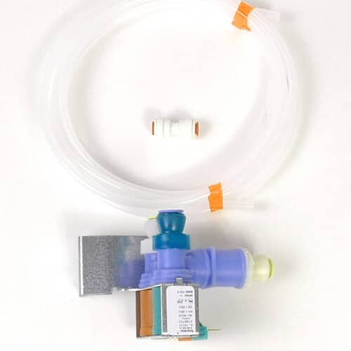 The water inlet valve assembly with a coil of white tubing and a small white quick-connect coupling piece, against a white background.