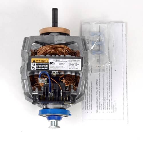 A Whirlpool dryer drive motor assembly showing the copper windings, metal frame, and blue plastic rings around the shafts, against a white background.