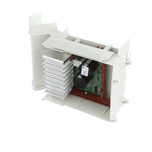 An angled view of the Whirlpool W10756692 washer motor control board, showing the green circuit board, capacitors, and the large finned aluminum heat sink.