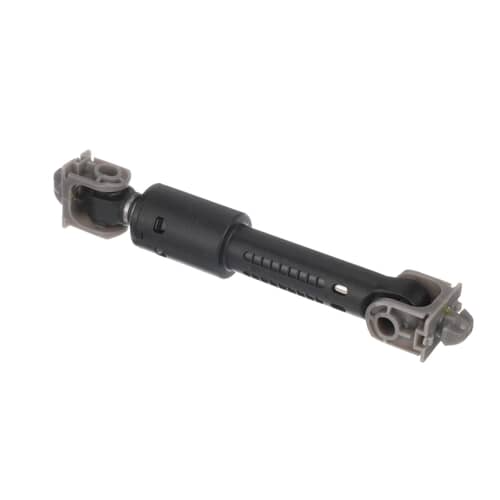 An angled view of the Whirlpool W10822553 washer shock absorber, showing the black cylinder and the gray plastic mounting brackets.