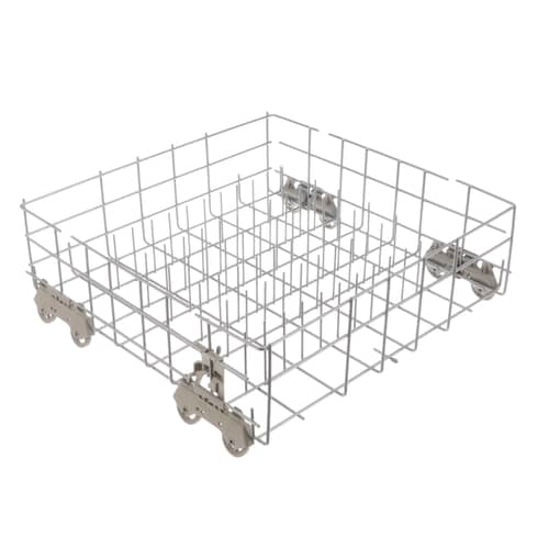 A side-angled view of the Whirlpool W10833650 lower dishrack, highlighting the layout of the tines and the four wheel mounts.