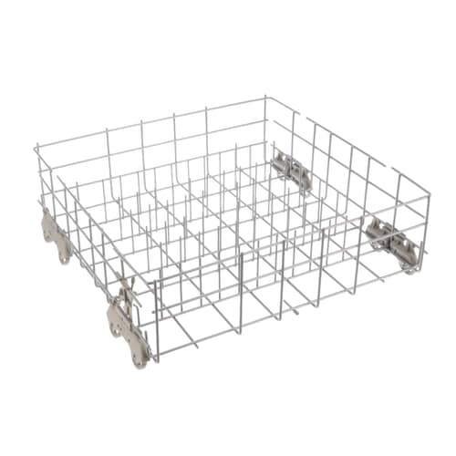 A side profile of the fully assembled Whirlpool W10833650 lower dishrack, showing the height of the rack and the attached wheels.