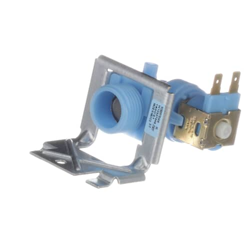 An angled perspective of the Whirlpool W10844024 water inlet valve, highlighting the blue plastic body, metal bracket, and solenoid.