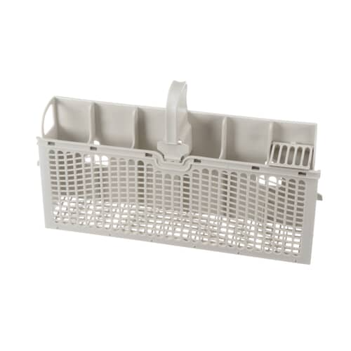 An angled perspective of the Whirlpool W11027965 silverware basket, highlighting the grid design and the separate sections for cutlery.