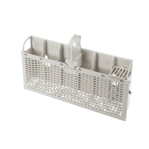 A front view of the light gray Whirlpool W11027965 dishwasher silverware basket, showing the handle and multiple compartments.