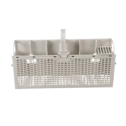 A side-angled view of the Whirlpool W11027965 silverware basket, showing its full length and the integrated handle.