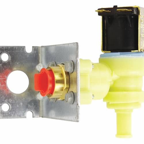 An angled view of the Whirlpool W11082871 dishwasher water inlet valve, showing the solenoid, mounting bracket, and water connections