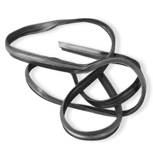 The flexible black rubber Whirlpool W11196317 dishwasher door seal shown in a loose, tangled shape to highlight its flexibility.