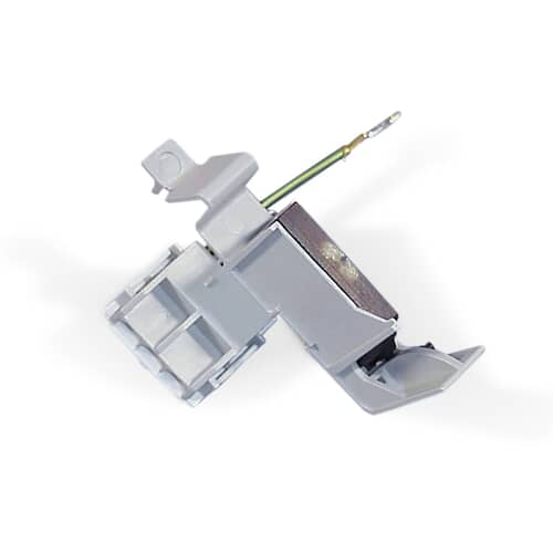 The underside of the gray Whirlpool WP3362628 washer lid switch, showing the mounting clips and the green and yellow ground wire.