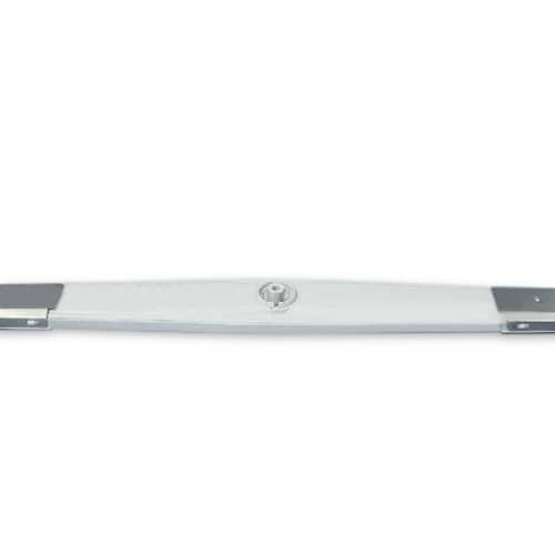 A full-length side view of the white Whirlpool WP6-917642 dishwasher lower wash arm.