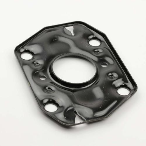 An angled view of the black metal Whirlpool WP62611 motor mounting plate, showing the central opening for the motor shaft and the surrounding screw holes for installation.