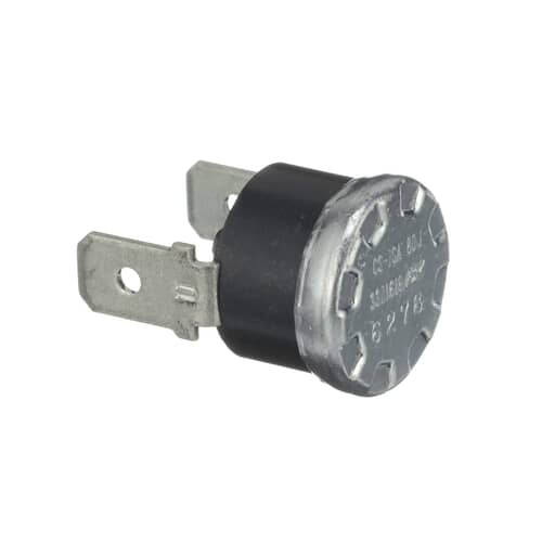 A side profile of the Whirlpool WP661566 thermostat, highlighting its black body and two upright electrical connectors.