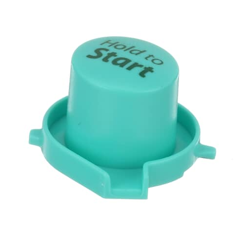 An angled view of the aqua green Whirlpool WP8181861 'Hold to Start' button for a washing machine.