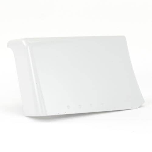 n angled profile view of the white plastic Whirlpool WP8181887 laundry pedestal handle, showing its smooth front surface and curved design.