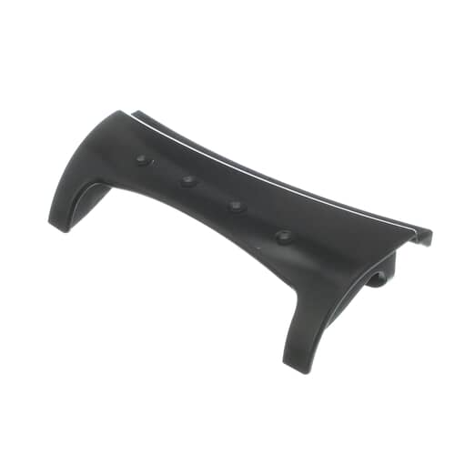 A front view of the black Whirlpool WP8182080 laundry pedestal handle, showing its sleek, curved design.